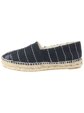 Chanel CC Logo Patent Leather Espadrilles Flat Shoes Black